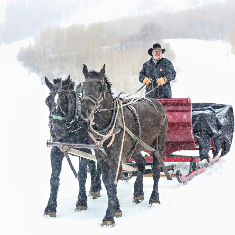 a man riding a horse in the snow